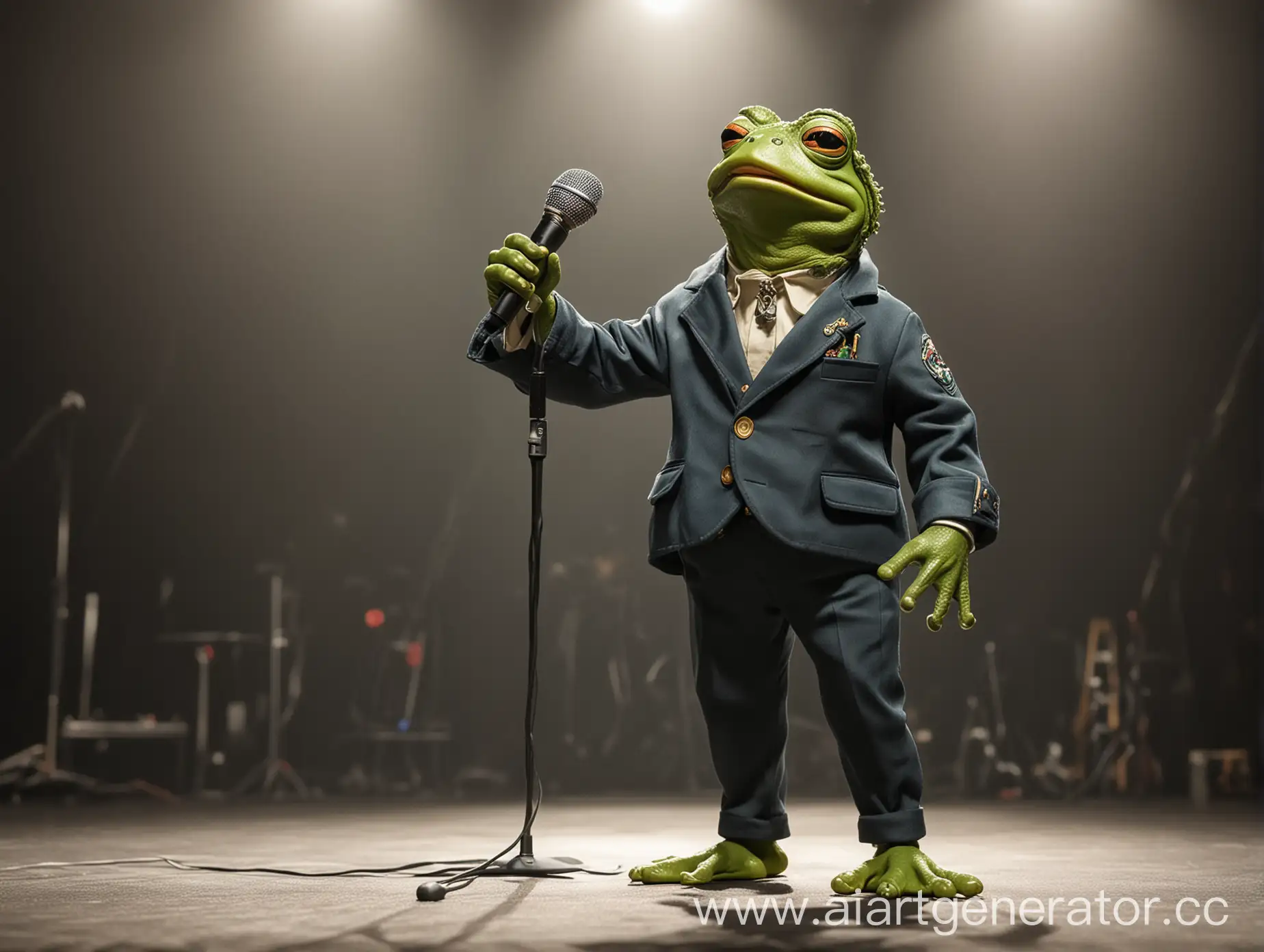 Лягушка Пепе стоит на сцене в стильном пиджаке и штанах и  держит в руках микрофон