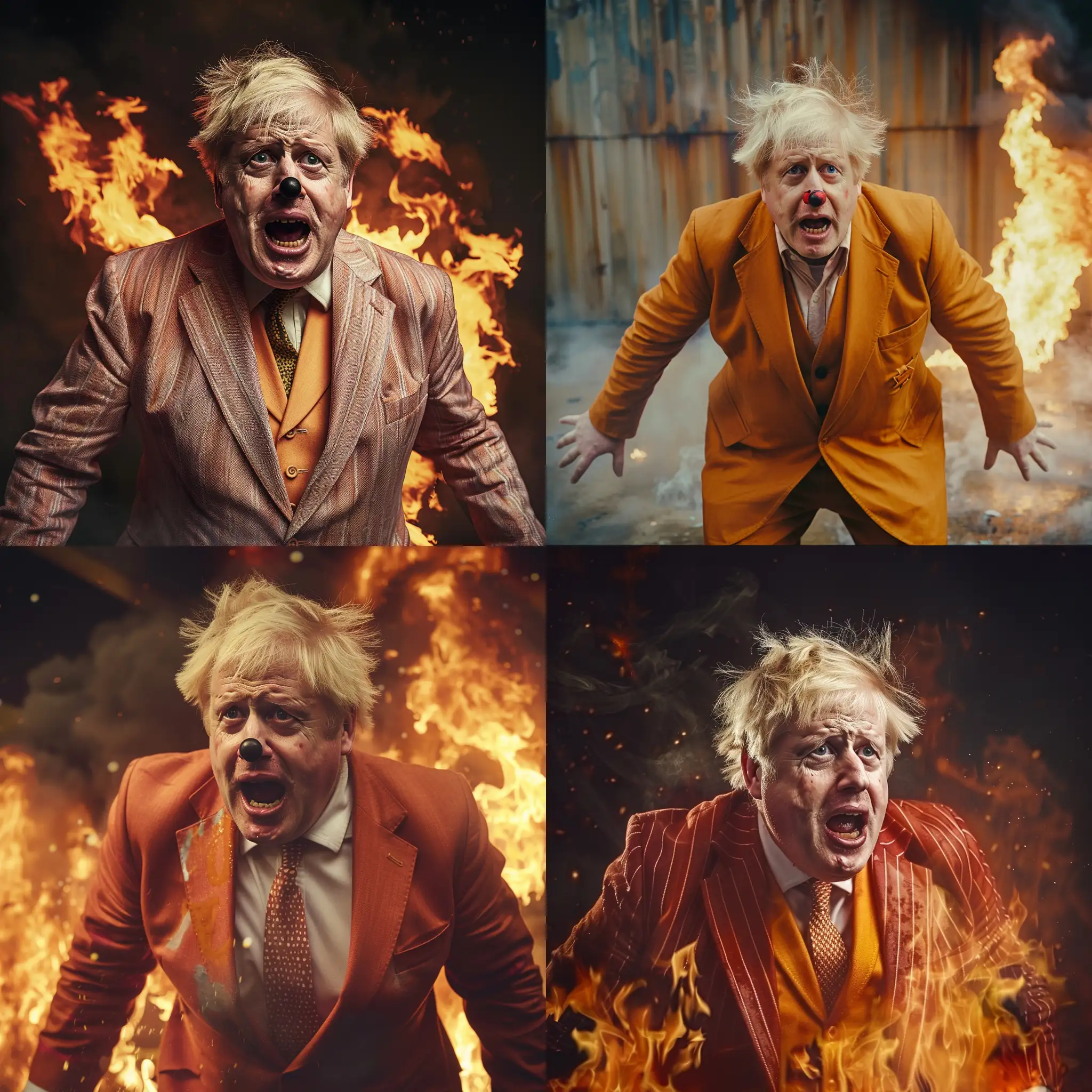 Boris Johnson in a clown suit, looking panicked while on fire