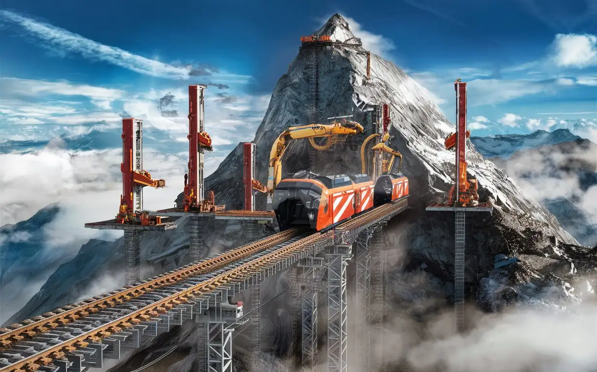 Realistic High Rail Line Construction atop Mountain with Tunnel Drilling Machines
