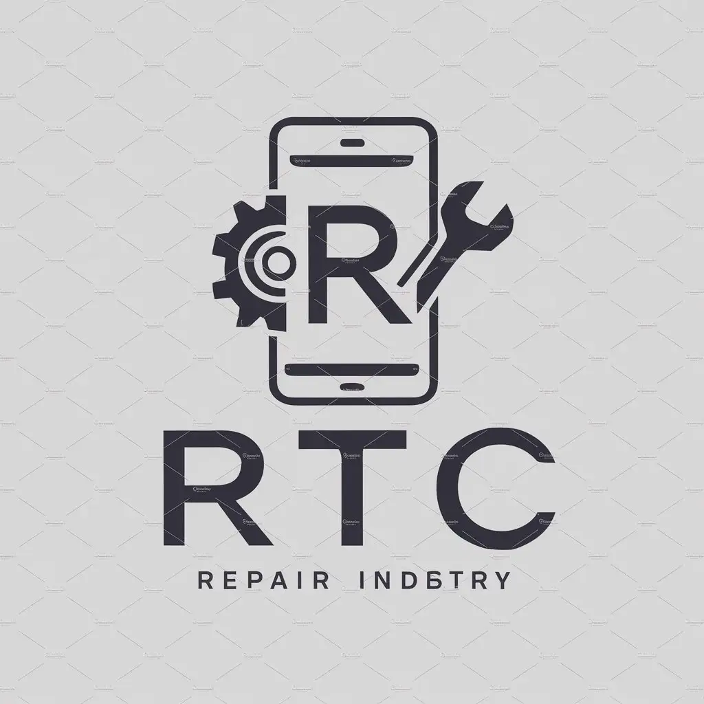 a logo design,with the text "RTC", main symbol:logo of a mobile phone with a gear wheel, a small precision screwdriver and a wrench and a Letter R inside the phone,complex,be used in reparacion industry,clear background