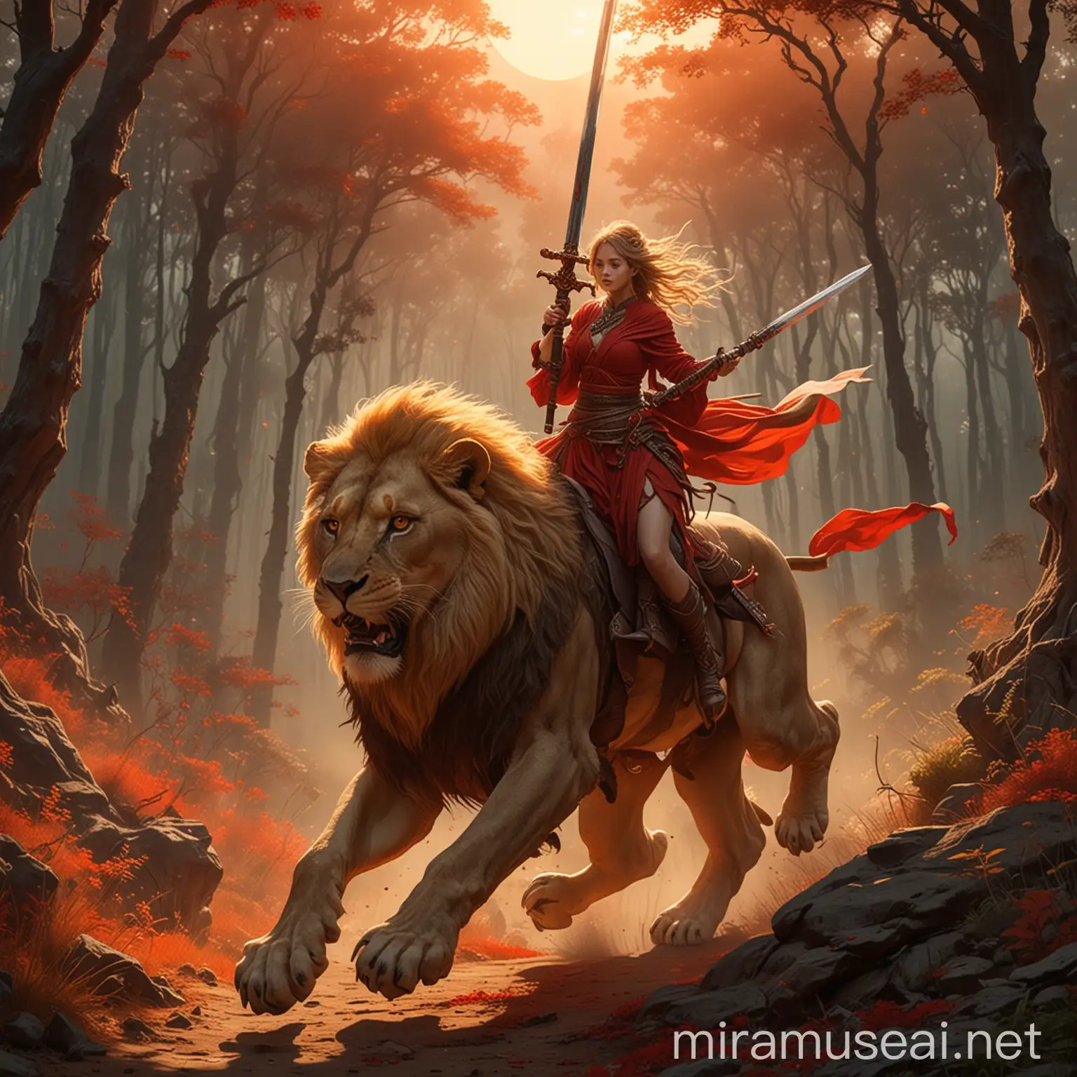 cute women ride on a lion sword in hand run inside of a forest & mountain  red sun is rising 