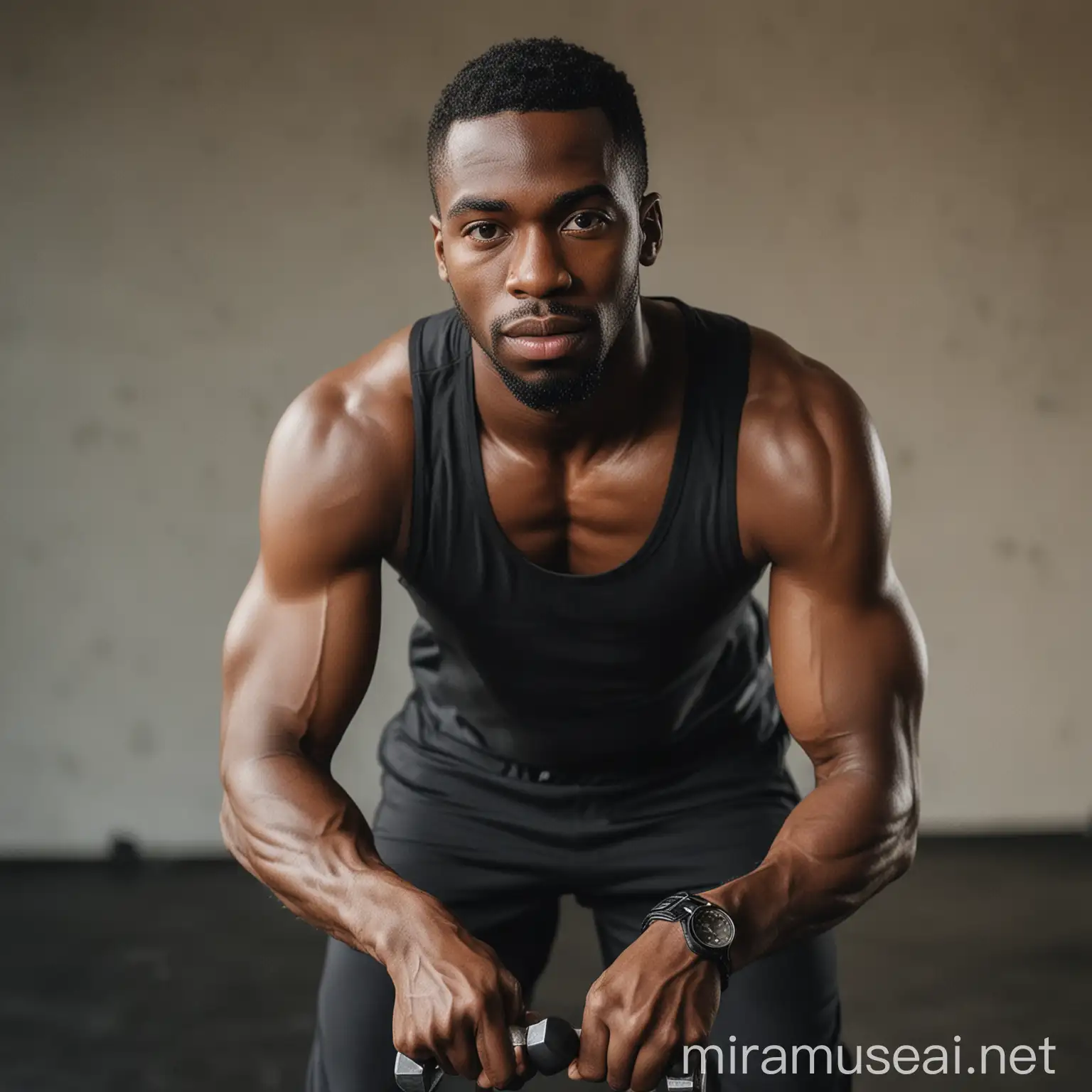 Black Man Working Out in Gym with Dumbbells and Exercise Equipment