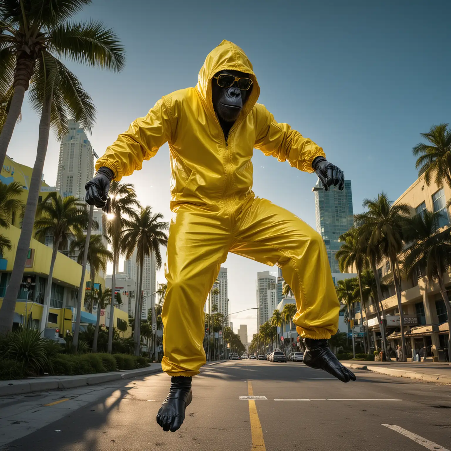 The gorilla is in Miami, it's sunset, and there's art deco architecture with green and YELLOW neon lights illuminating the area. The gorilla wears dark sunglasses (the sun reflects on his sunglasses) and a yellow jumpsuit like the one in the Breaking Bad series. His head is covered by the yellow hood. His hands are covered with light blue latex gloves. .He is jumping and his body is suspended on the air.pov camera view. movement.