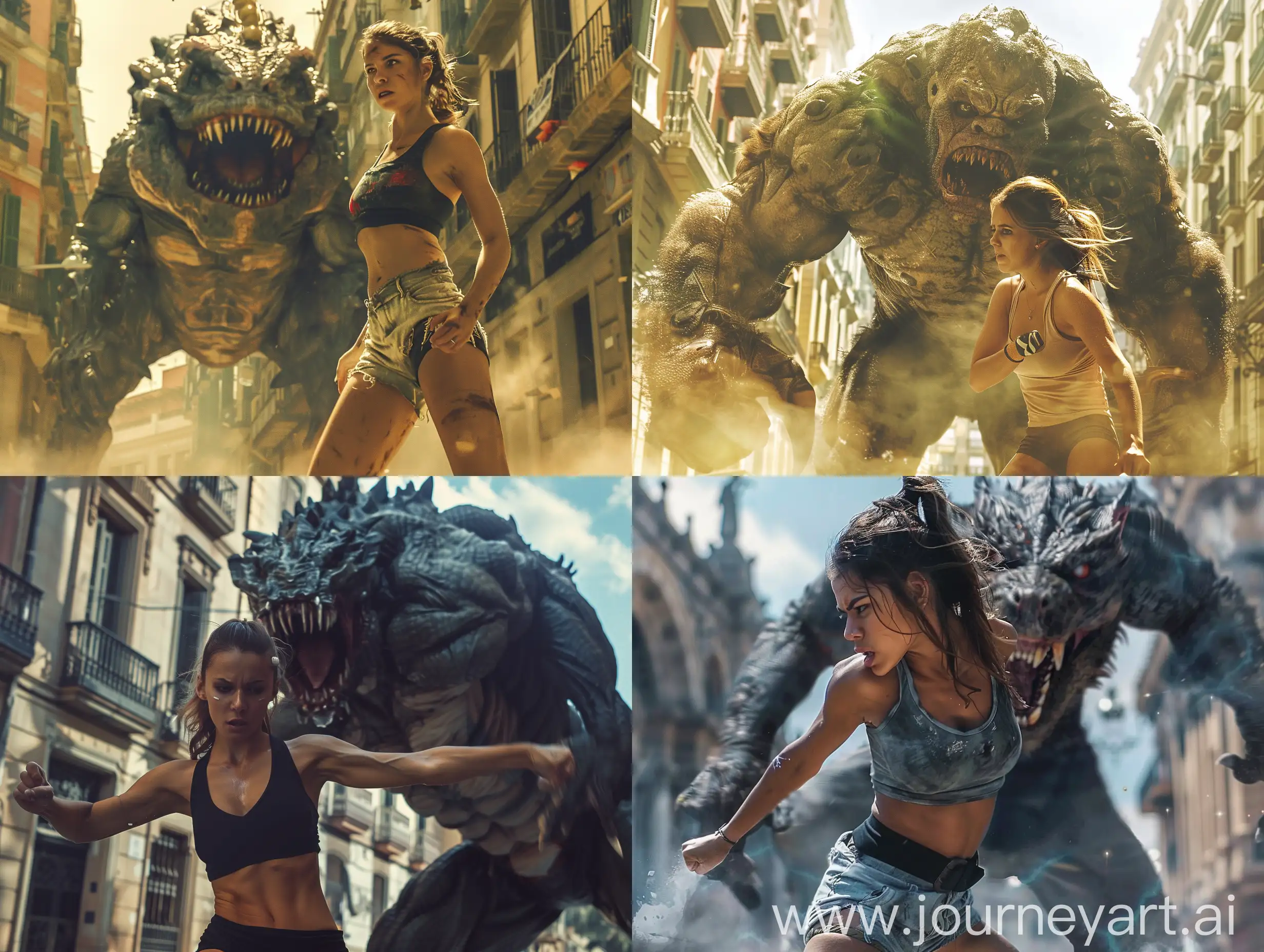 a muscular good-looking girl is preparing to fight against a scary monster in the center of Barcelona, 8K