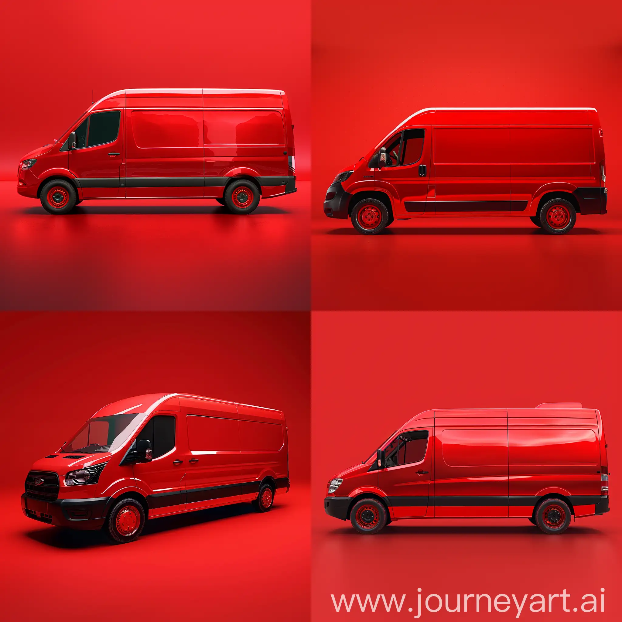 Create an ultrarealistic photograph of a clean and shiny bright red cargo van against a solid red background. The van should be a modern commercial delivery vehicle with a boxy and functional design. Render the image with intricate details, realistic lighting, and photographic quality textures. The lighting should make the van's metallic surfaces gleam and reflect the uniform red backdrop. The overall scene should have a minimalist composition focusing solely on the vibrant red cargo van against the solid red background.