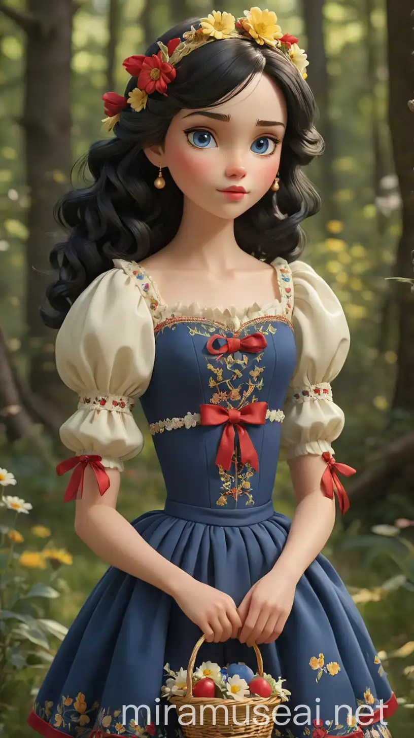 Meet Snowlyn, the radiant daughter of Snow White and Prince Florian, blending her mother’s classic beauty with her father’s noble presence. She has a porcelain complexion with a rosy blush and bright blue eyes that sparkle with kindness. Her raven-black hair is often adorned with delicate floral accessories. Snowlyn's outfit mixes cottagecore, vintage fairytale, and princesscore vibes. She wears a royal blue, knee-length dress with a sunshine yellow ribbon at the waist and intricate embroidery of flowers and woodland creatures. Puffy sleeves and a bright red trim add a touch of vintage elegance. She pairs the dress with dainty white ballet flats and a daisy chain headband with golden accents. Around her neck, she wears a gold apple-shaped locket containing a portrait of her family. Completing her look, Snowlyn carries a wicker basket filled with fresh flowers and ribbons, embodying the cottagecore spirit. Her style is a blend of timeless elegance and modern charm, making her a captivating presence in any setting. Whether in a meadow or at a royal gathering, Snowlyn exudes grace and enchantment. 
