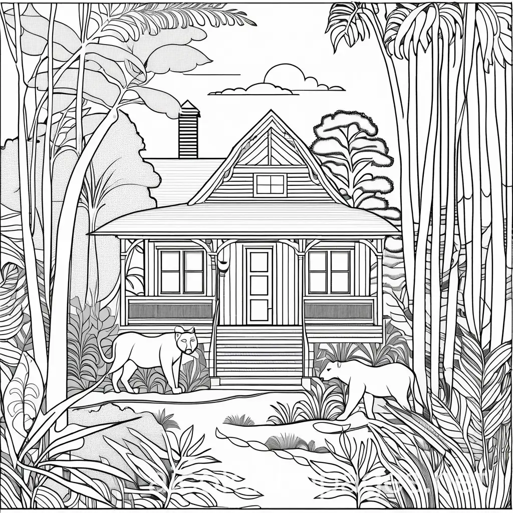 Colonial-Jungle-Scene-Coloring-Page-Henri-Rousseau-Style-Adult-Coloring-with-Ample-White-Space