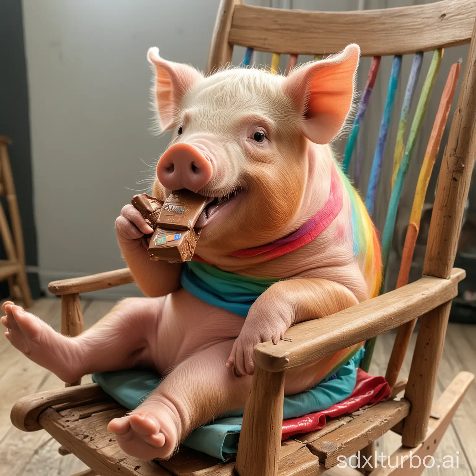 A rainbow-colored pig lying on a rocking chair, eating chocolate from its mouth and holding it with its hand.
