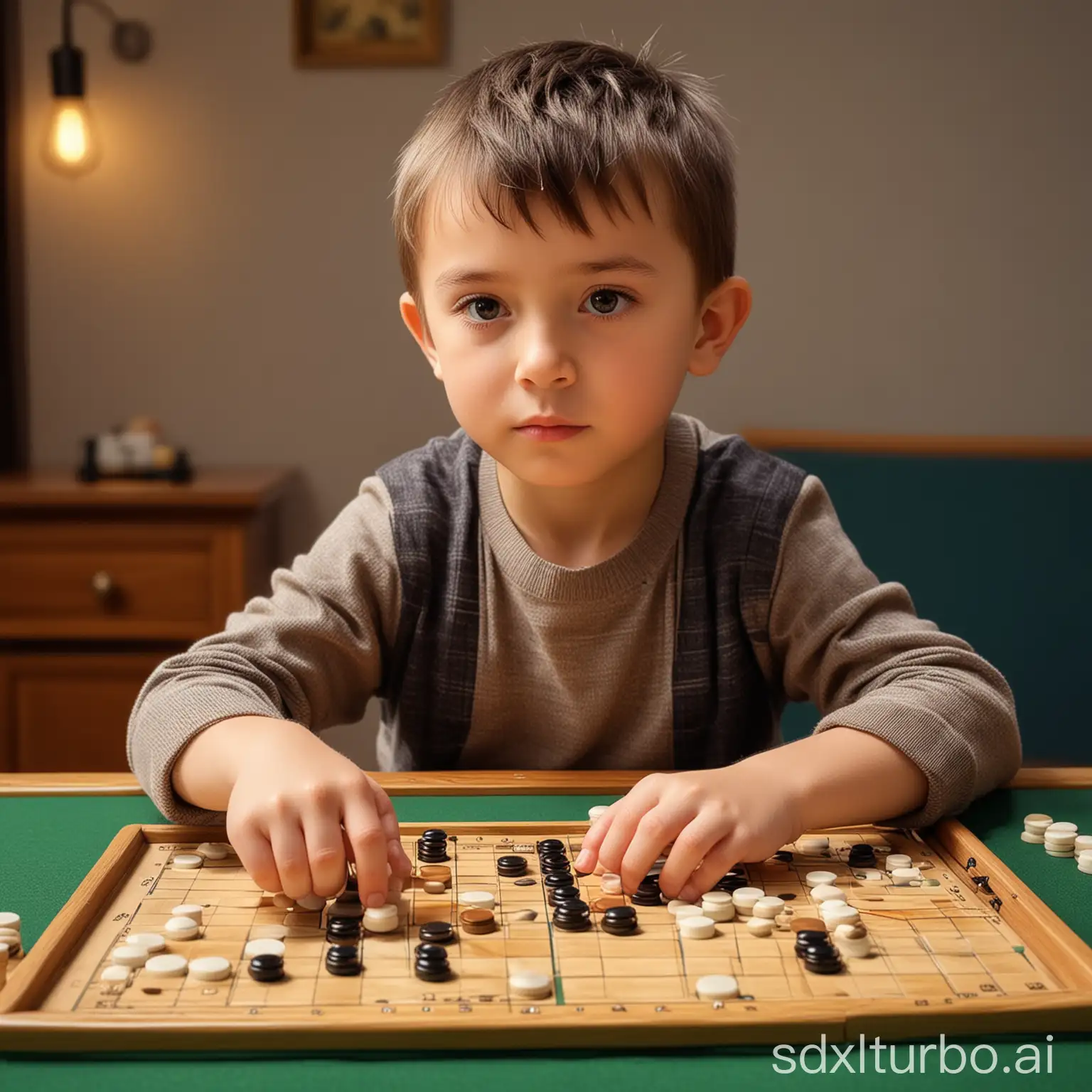 a little beautiful and handsome boy playing Go game, high quality, 8K Ultra HD, masterpiece, beautiful little boy 7 years old,, awesome full color, playing the game of Go