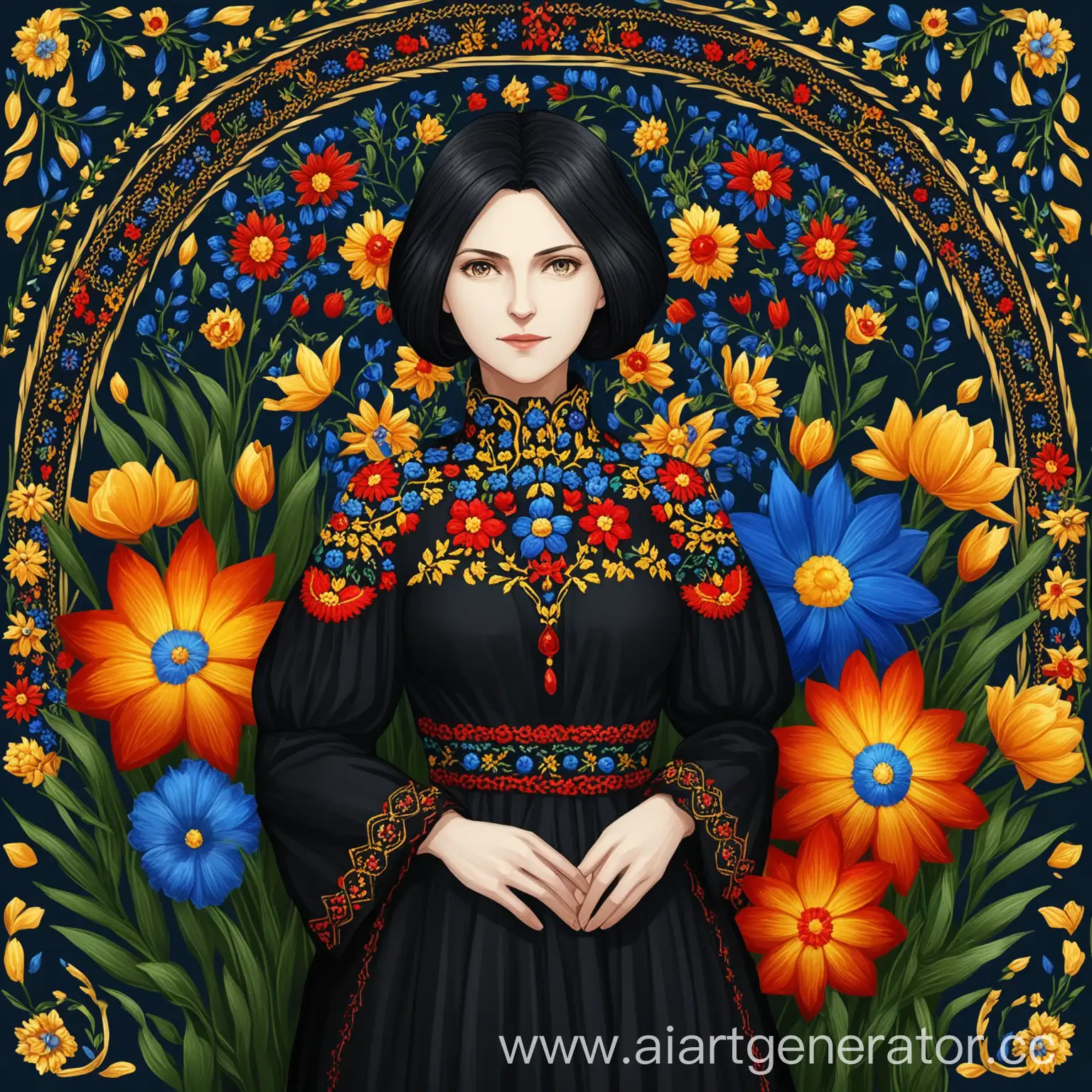 Olga Kobylyanska, Ukrainian writer, with black hair, wearing a black dress with elements of flowers and Ukrainian embroidery in the style of the game Fate/Grand Order