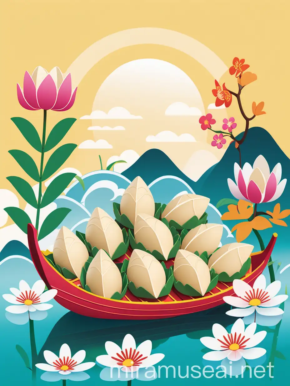 Dragon Boat Festival Healthy Illustration with Rice Dumplings and Flowers