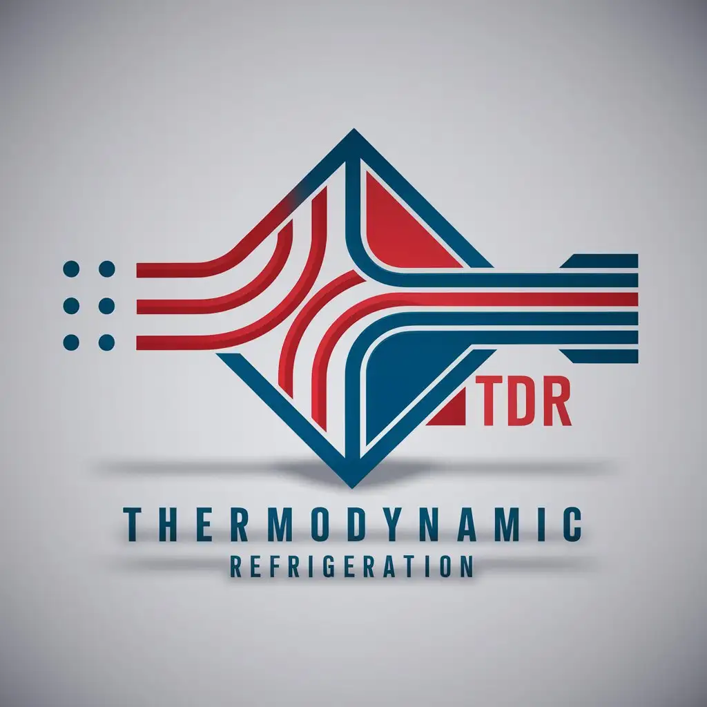a logo design,with the text 'Thermodynamic Refrigeration', main symbol:parallelogram shape and the frame is three lines. add 3 lines leaving from the left and 3 lines leaving from the right. looks like the heat exchanger coil. the upper portion is red and the lower portion is blue,complex,be used in Technology industry,clear background,add TDR in the middle of the logo