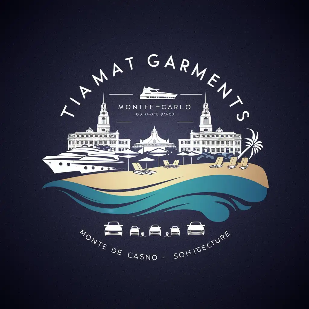 a logo design,with the text 'Tiamat Garments', main symbol: Monaco's famous coastline: The illustration features: The azure blue of the Mediterranean sea with gentle waves. A section of the beach with sun loungers and parasols, capturing the laid-back beach atmosphere. The iconic architecture of Monte Carlo in the background with the Casino de Monte-Carlo subtly included to hint at Monaco's luxurious appeal. A yacht or two in the water, symbolizing the opulence associated with Monaco. Bottom section: A smaller, simplified icon at the top center, such as a silhouette of a yacht, luxury cars for added detail. Tagline: A catchy tagline that reads 'Where Luxury Meets The Sea' below the icon. Colors: Shades of Blue (azure, navy), white, and gold. Red, White, Blue. A hint of green. Graphic style: A blend of modern and vintage elements to appeal to both contemporary and classic tastes. Transparent background.