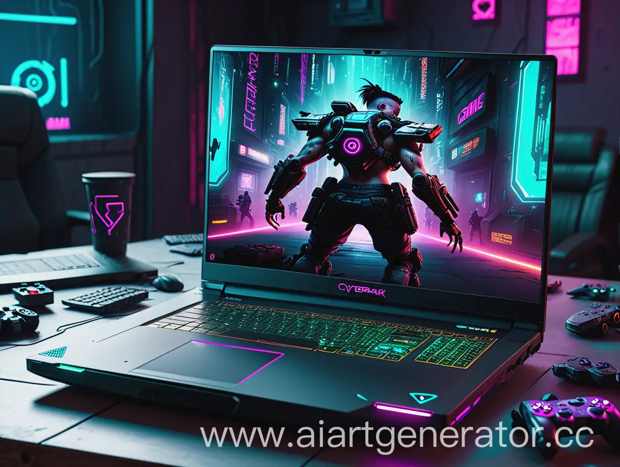 игровой ноутбук лежит на столе, на экране ноутбука изображена игра cyberpank