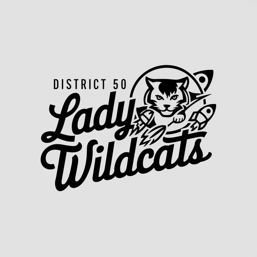 a logo design,with the text "District 50 Lady Wildcats", main symbol:Wildcat, Softball player, Rockets,Moderate,be used in Education industry,clear background