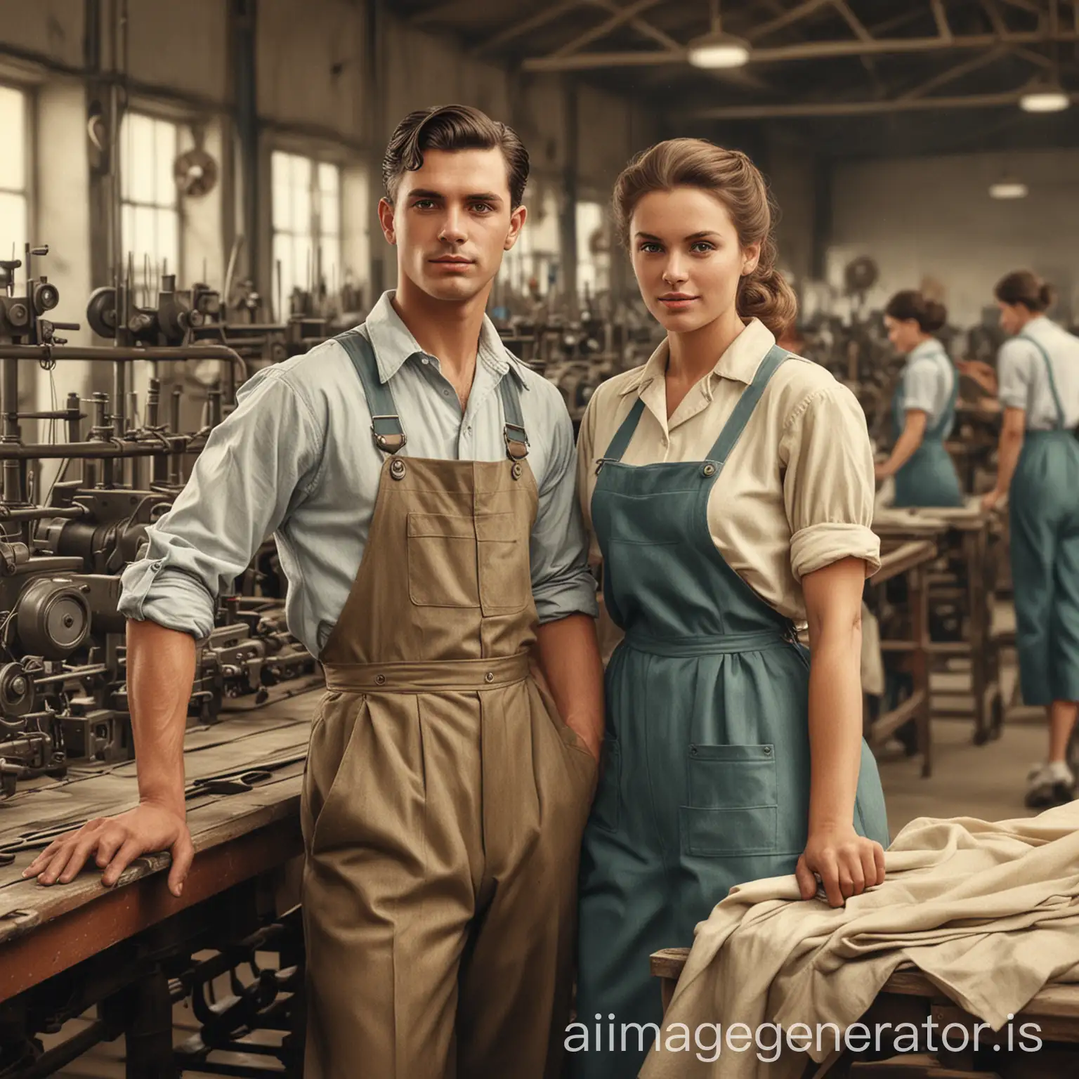 Vintage realistic image of male and female workers posing in a texile factory.