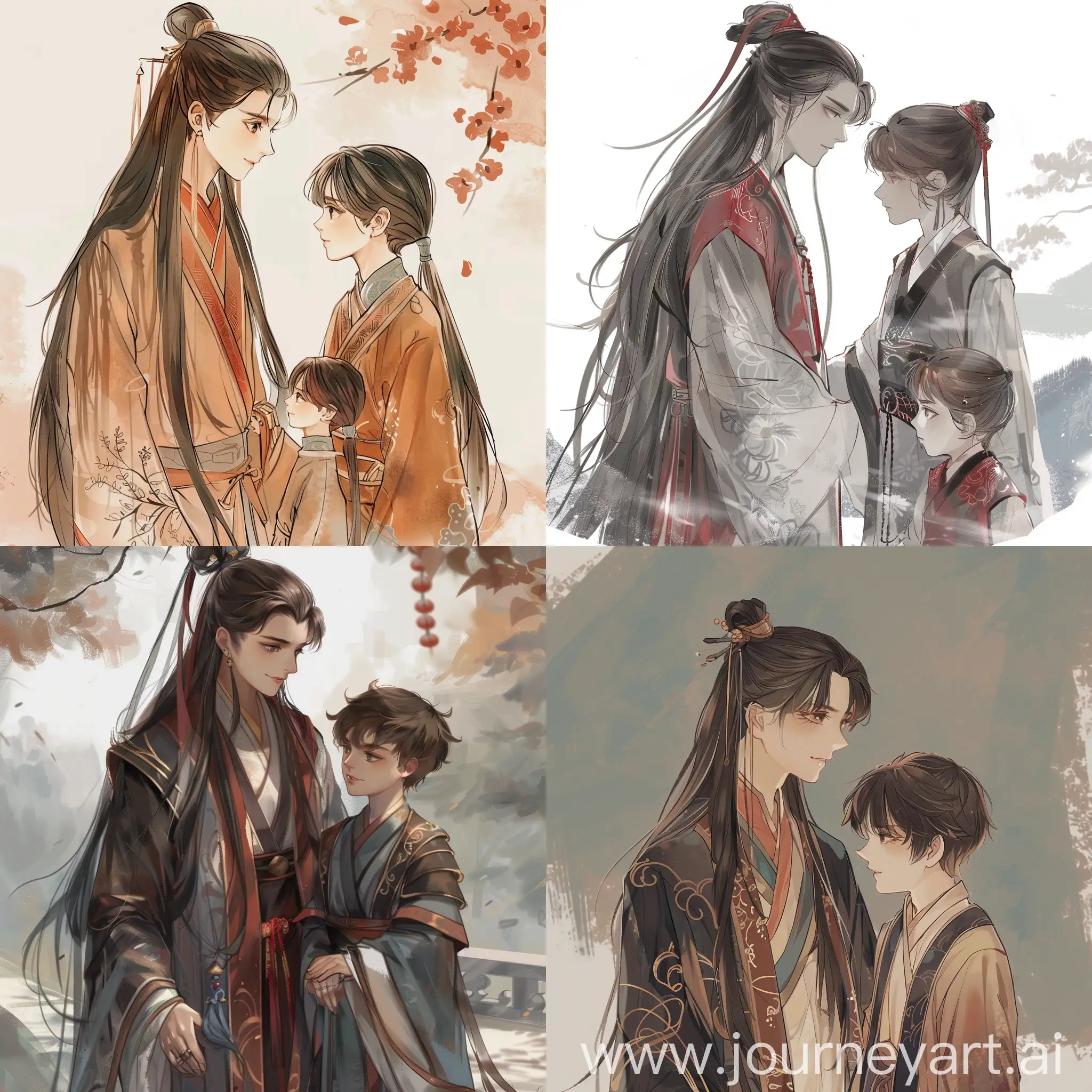 deux garçons amoureux, un alpha avec les cheveux longs dans un vêtement traditionnel chinois et un garçon plus petit et mignon avec les cheveux court dans un vêtement traditionnel chinois