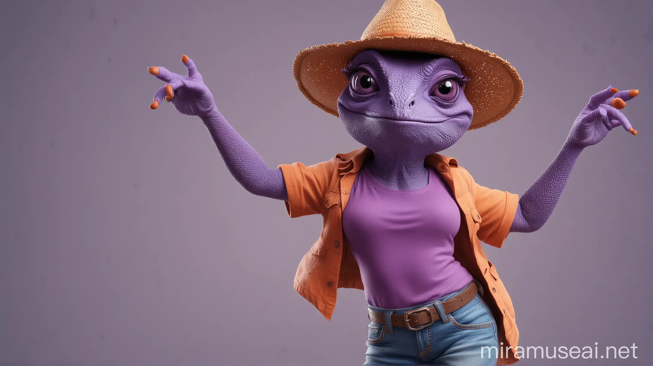 3D illustration of a standing curvy chameleon-girl, hands pointing to both sides, purple skin, wear orange t-shirt and bluejean, with an old straw hat, wear glasses, highly detailed, disney style, no cut pose, full exposure,