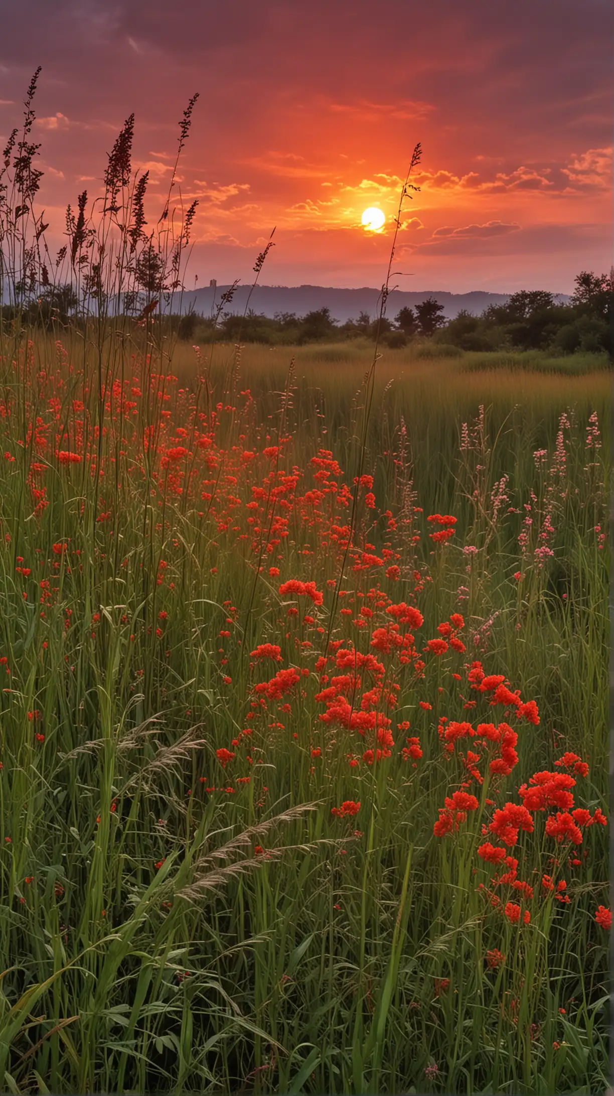 Serene Sunset Red Clouds Over Blooming Flowers and Tall Grass