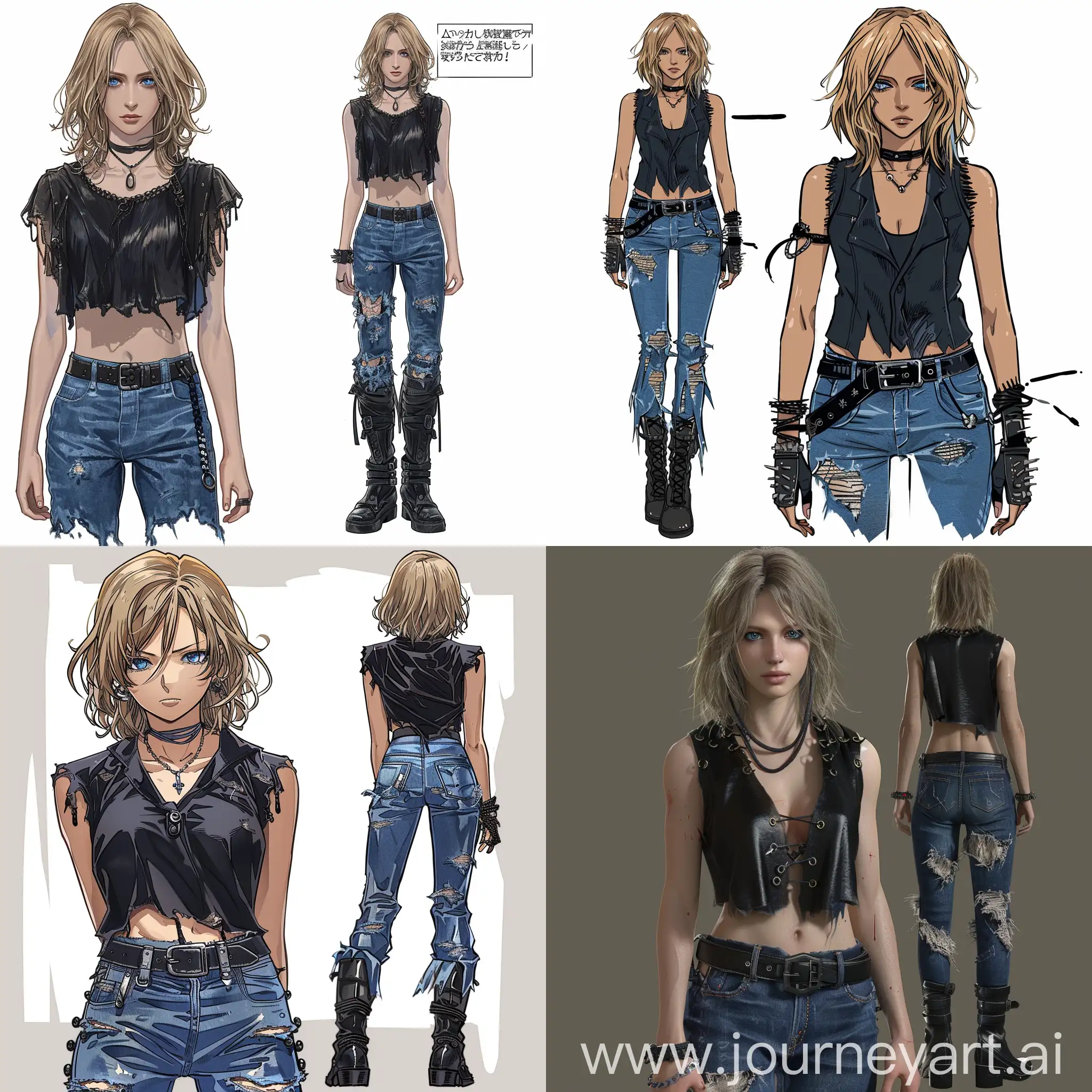 Aya Brea, She has shoulder-length blonde hair. The character's eyes are blue, giving her a sharp and focused gaze. She wears a dark black, sleeveless top with a subtle sheen, suggesting a silky or satin material, and features a series of decorative hooks down the center front. A thin, black cord necklace.Torn blue jeans along with buckled black boots that come just under her knees. The outfit includes a black belt.