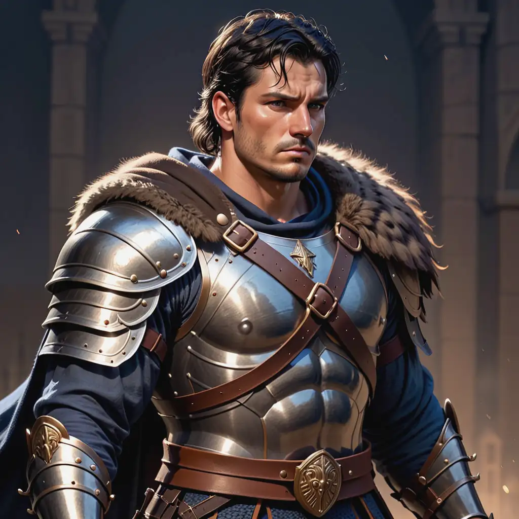 burly man :: roman full plate armor with dark metal and brown leather and a navy blue shirt beneath :: no helmet :: black hair messy soldier's cut medium length :: greying on sides :: bearskin cloak :: holding a longsword :: nighttime background