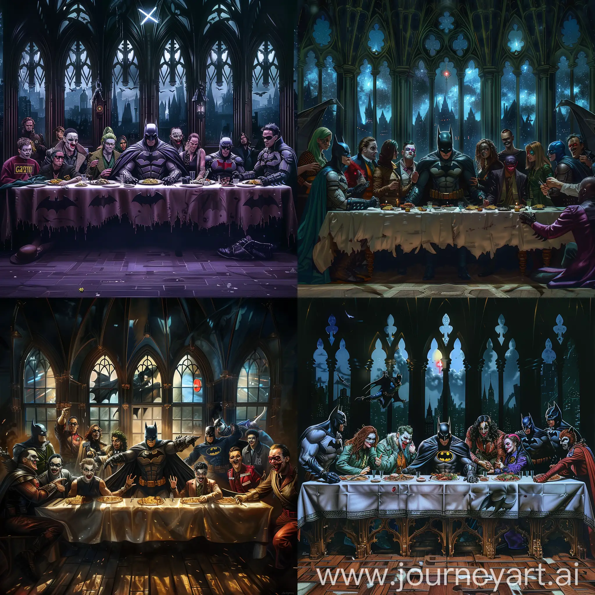 Photorealistic style, Gothic architecture, dramatic lighting. Batman as the central figure in the Last Supper scene, with Joker and Robin by his side. Other characters—Alfred, James Gordon, Harley Quinn, The Riddler, Penguin, Catwoman—distributed evenly along the table. Background features Gothic windows, a dark night with the Bat-Signal projected in the sky. --v 6.0 --style raw --ar 16:9