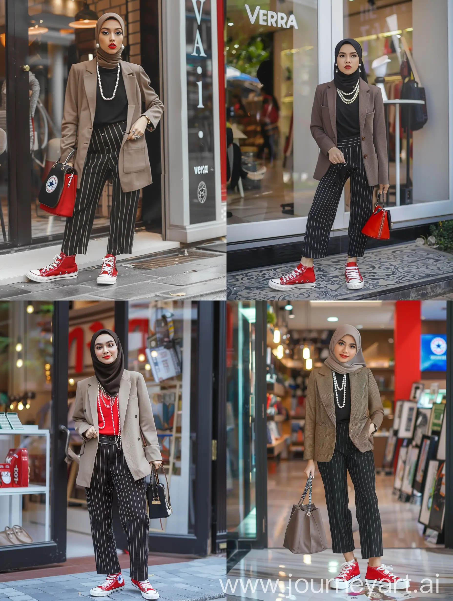 beautiful Indonesian hijab woman wearing a blazer and black striped women's pants, red converse chuck taylor shoes, pearl necklace and earrings, holding  handbag, she is standing in front of the vera shop money
