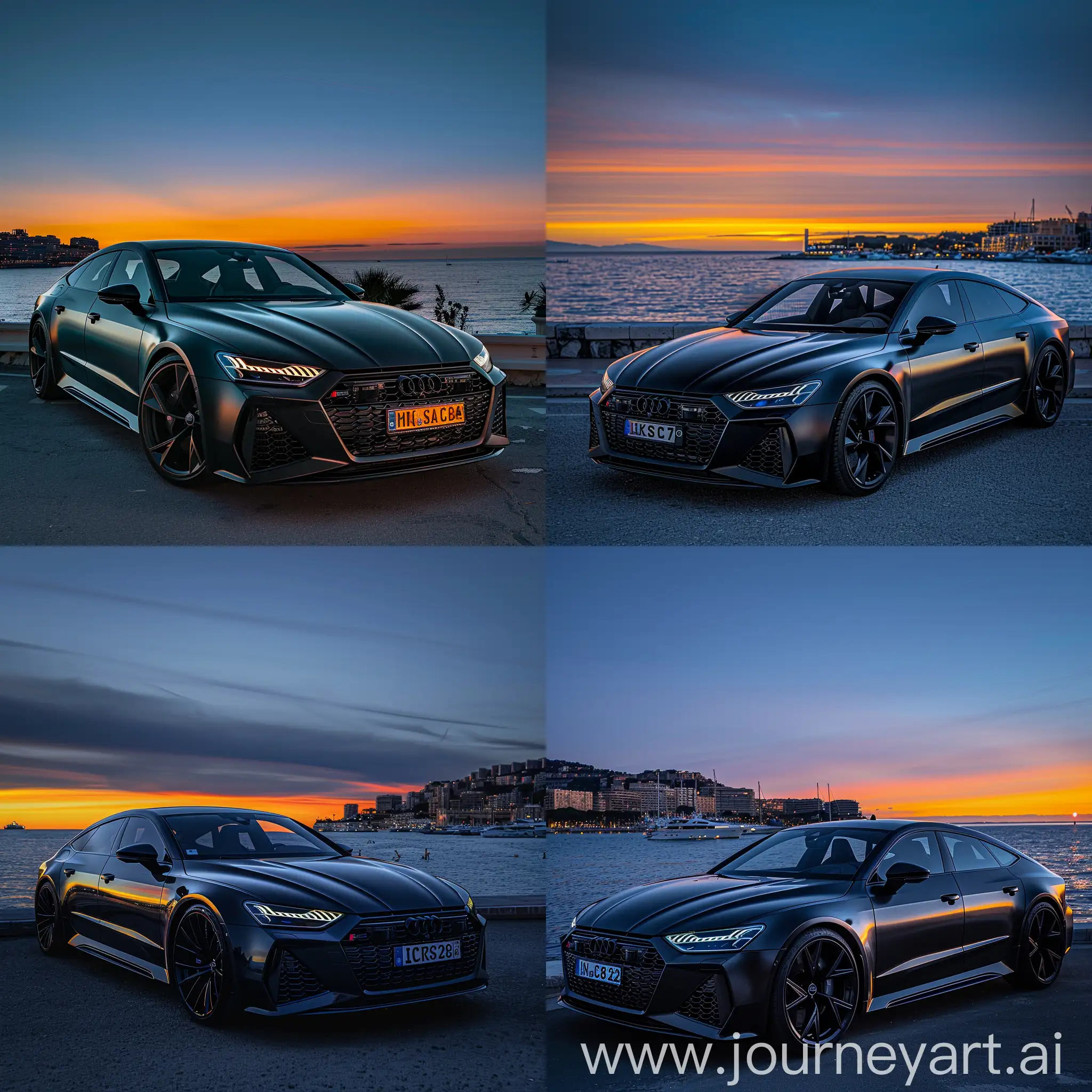 Realistic audi rs7 c8 2022 in full mat black with black rims in Monaco near the water with blue dark orange sky with Belgium car plate realistic Snapchat style photo 