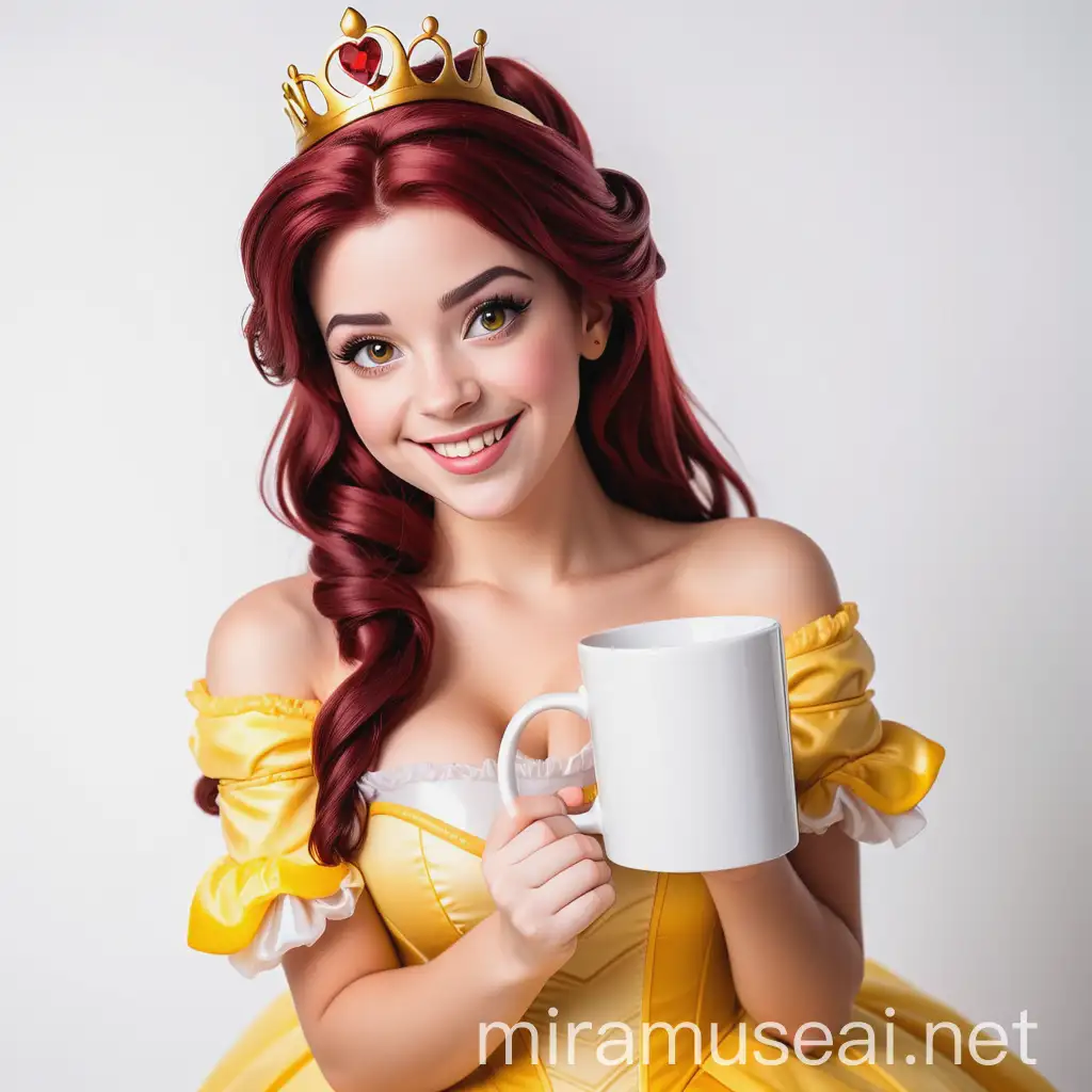 beautiful adult girl cosplay princess Belle disney smiling with a square white mug on a white background