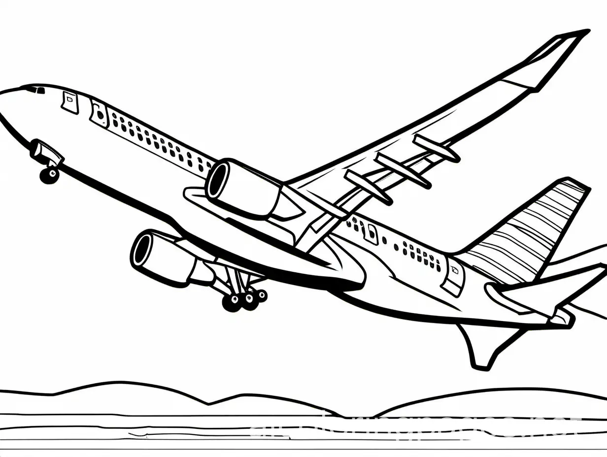 passenger airliner in flight, Coloring Page, black and white, line art, white background, Simplicity, Ample White Space. The background of the coloring page is plain white to make it easy for young children to color within the lines. The outlines of all the subjects are easy to distinguish, making it simple for kids to color without too much difficulty