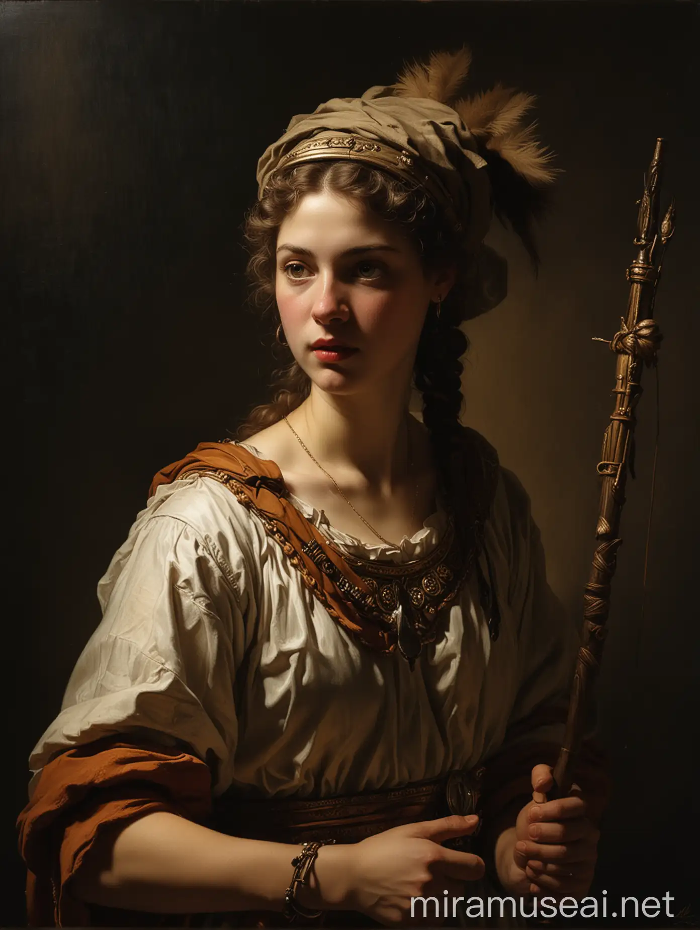 painting that will show artemis from greek mythology, in a Rembrandt style, Dramatic use of light and shadow, a technique known as chiaroscuro, This creates a striking contrast between light and dark areas, often highlighting the focal point of the painting, His compositions often convey deep emotional or narrative intensity, Rembrandt's color palette is typically rich but subdued, featuring earthy tones and warm colors, His brushwork is renowned for its expressiveness and texture, ranging from smooth and finely detailed in areas of focus to more loose and impressionistic in other parts,