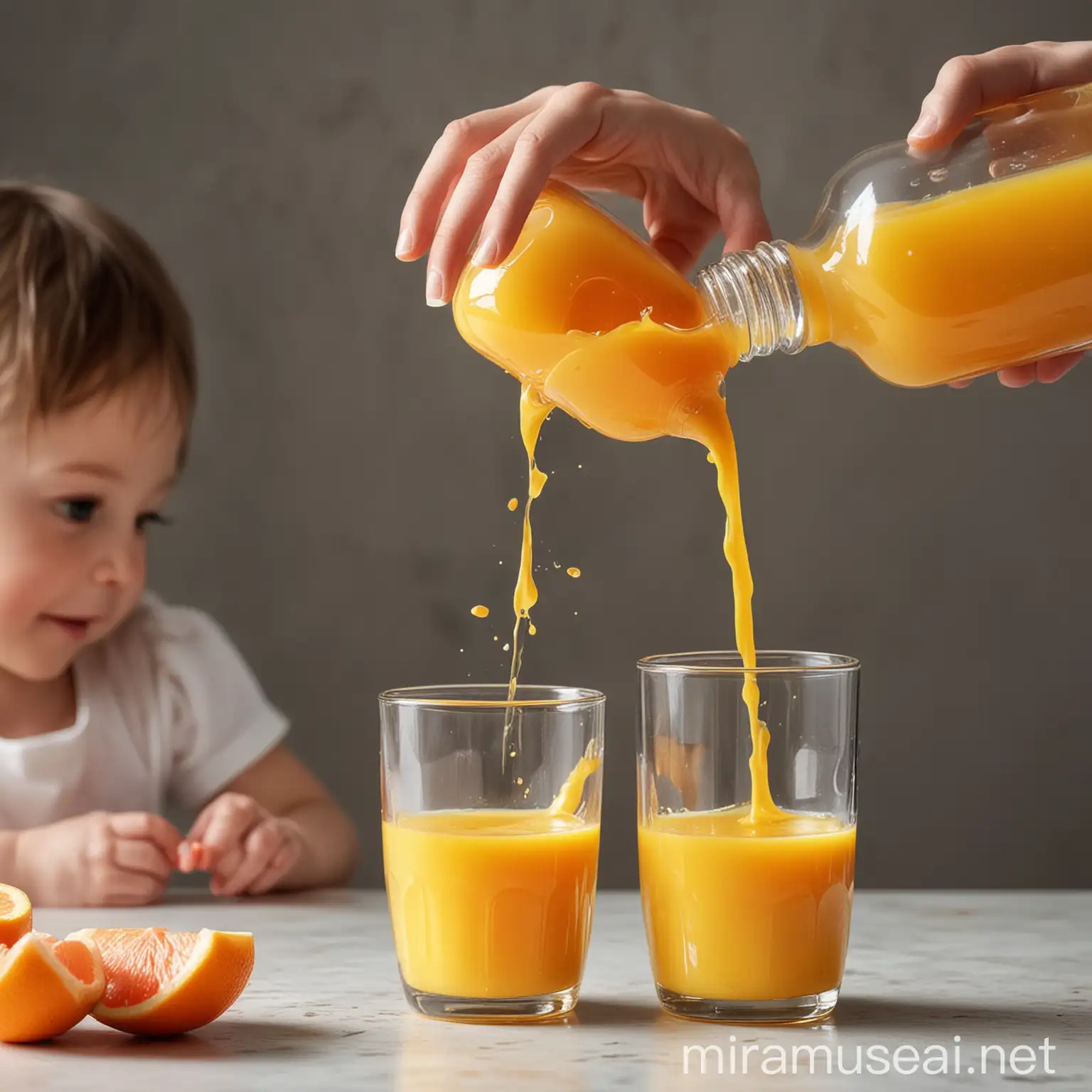 create a close up image for a mother hand holding bottle and pouring juice from bottle into a glass that the child holds