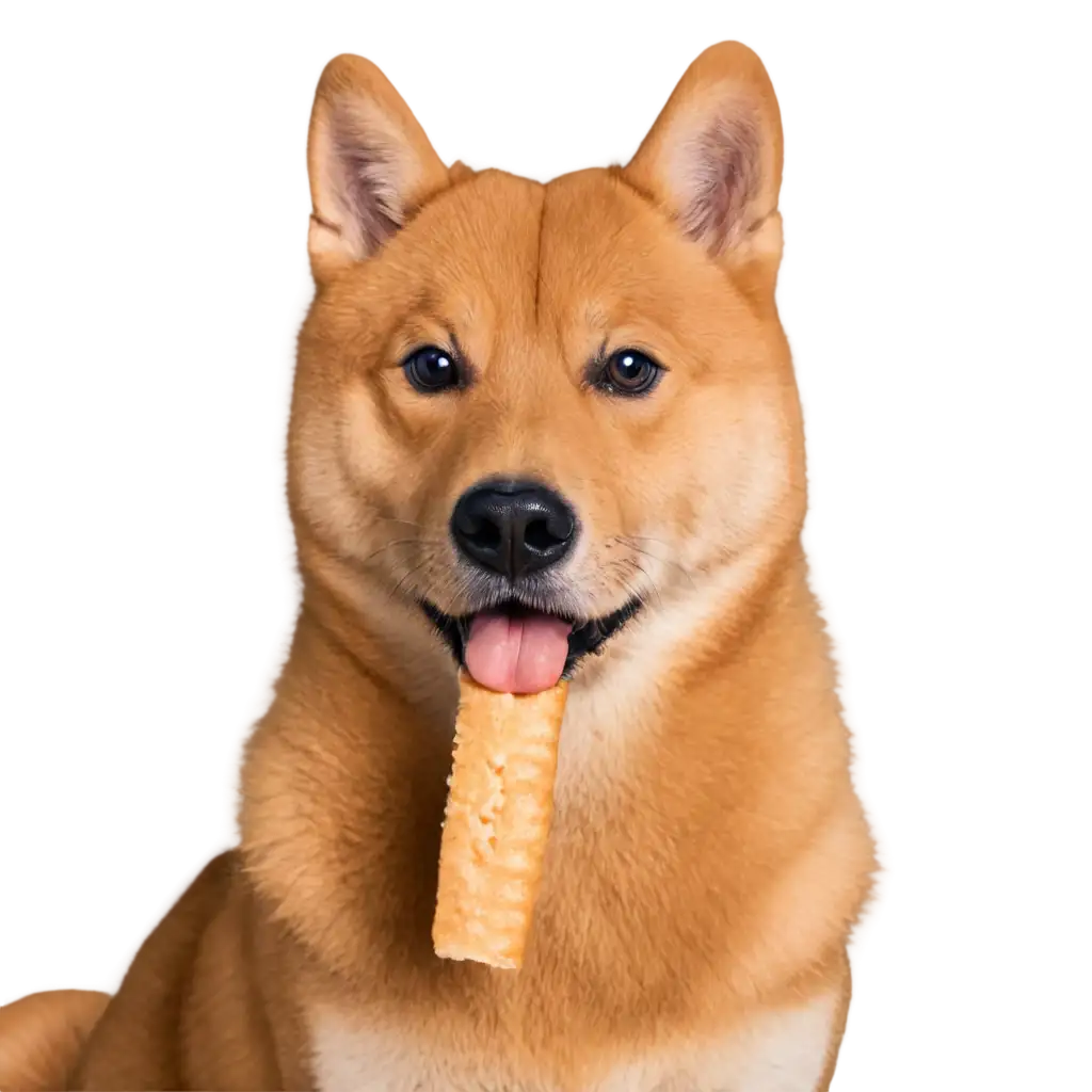 shiba inu dog wif treat in the mouth