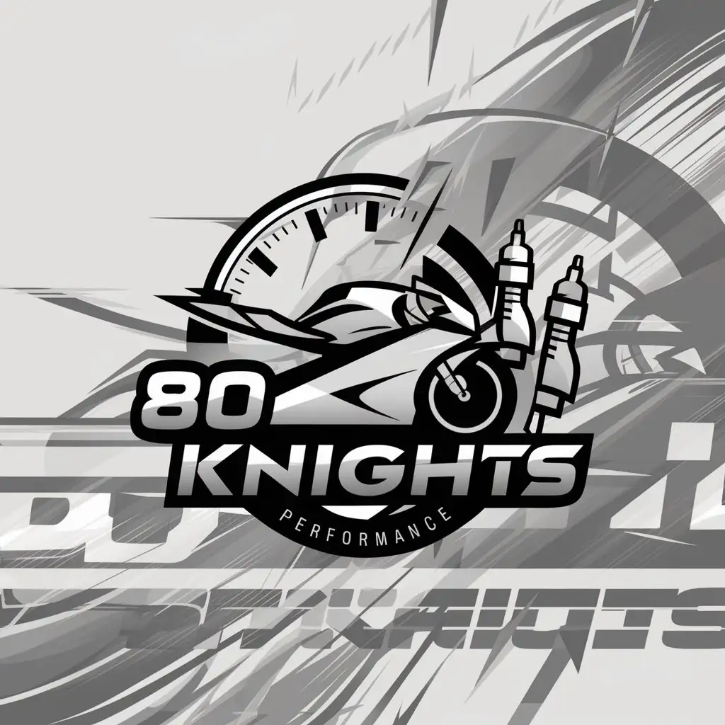 a logo design,with the text "80 knights", main symbol:motorcycle, speedometer, spark plugs,complex,clear background