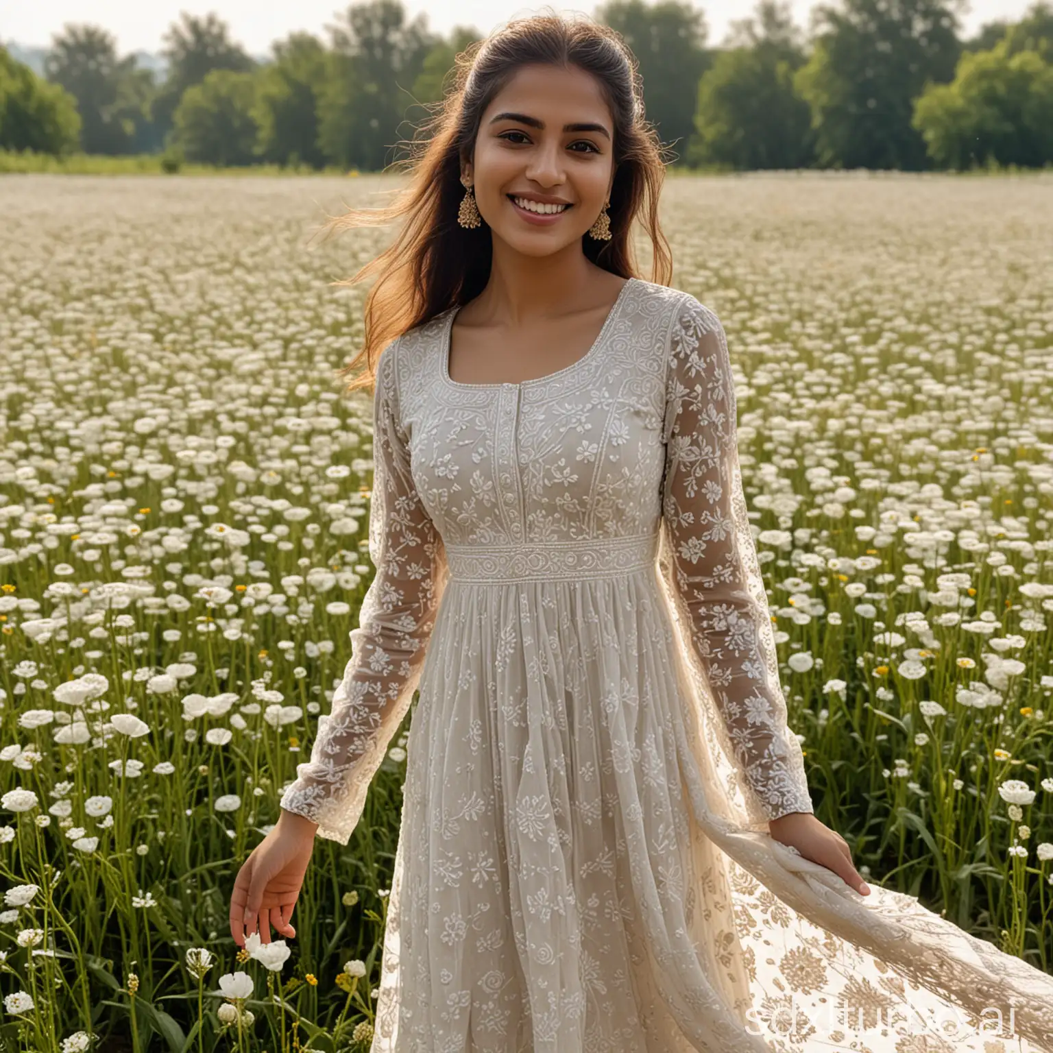 A woman is standing in a field of flowers, wearing a long, flowing Chikankari gown. The gown is made of a sheer fabric and is covered in intricate embroidery. The woman has her hair down and is wearing a light amount of makeup. She is smiling and looking at the camera.