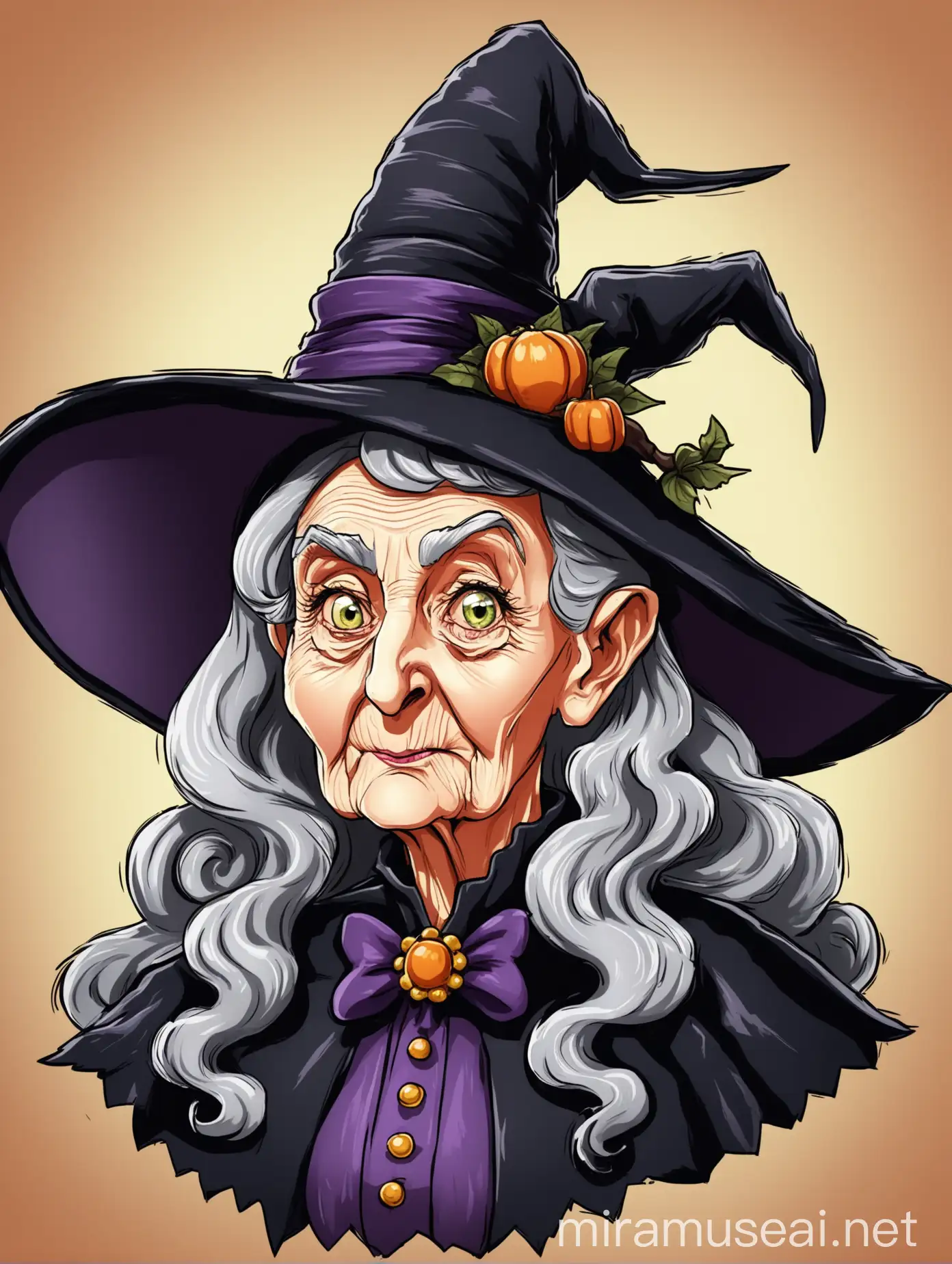 portrait of elderly Estelle Winwood dressed as a victorian witch in a cartoon style
