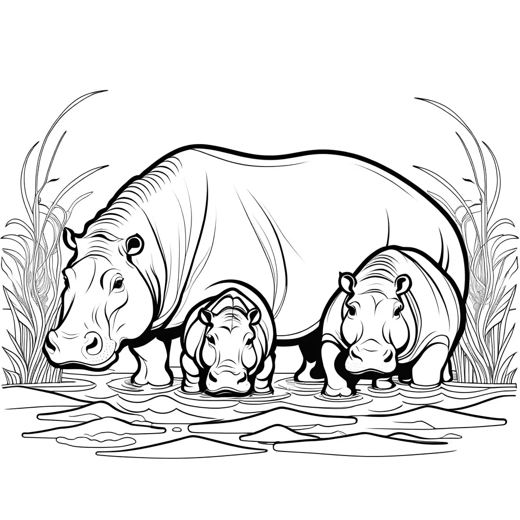 Wildlife hippos, Coloring Page, black and white, line art, white background, Simplicity, Ample White Space. The background of the coloring page is plain white to make it easy for young children to color within the lines. The outlines of all the subjects are easy to distinguish, making it simple for kids to color without too much difficulty