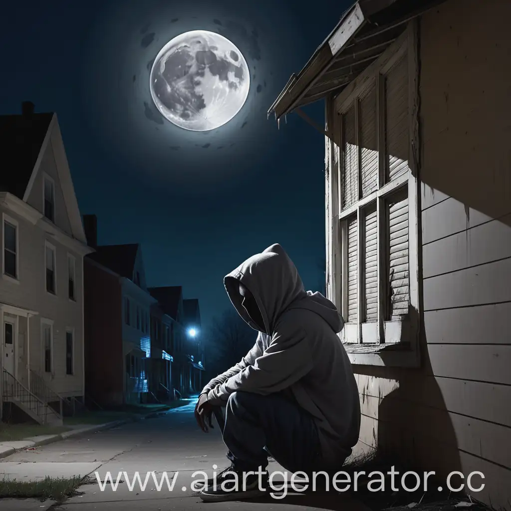 Eerie-Night-Scene-Hooded-Figure-Amidst-BoardedUp-Windows-under-Full-Moon