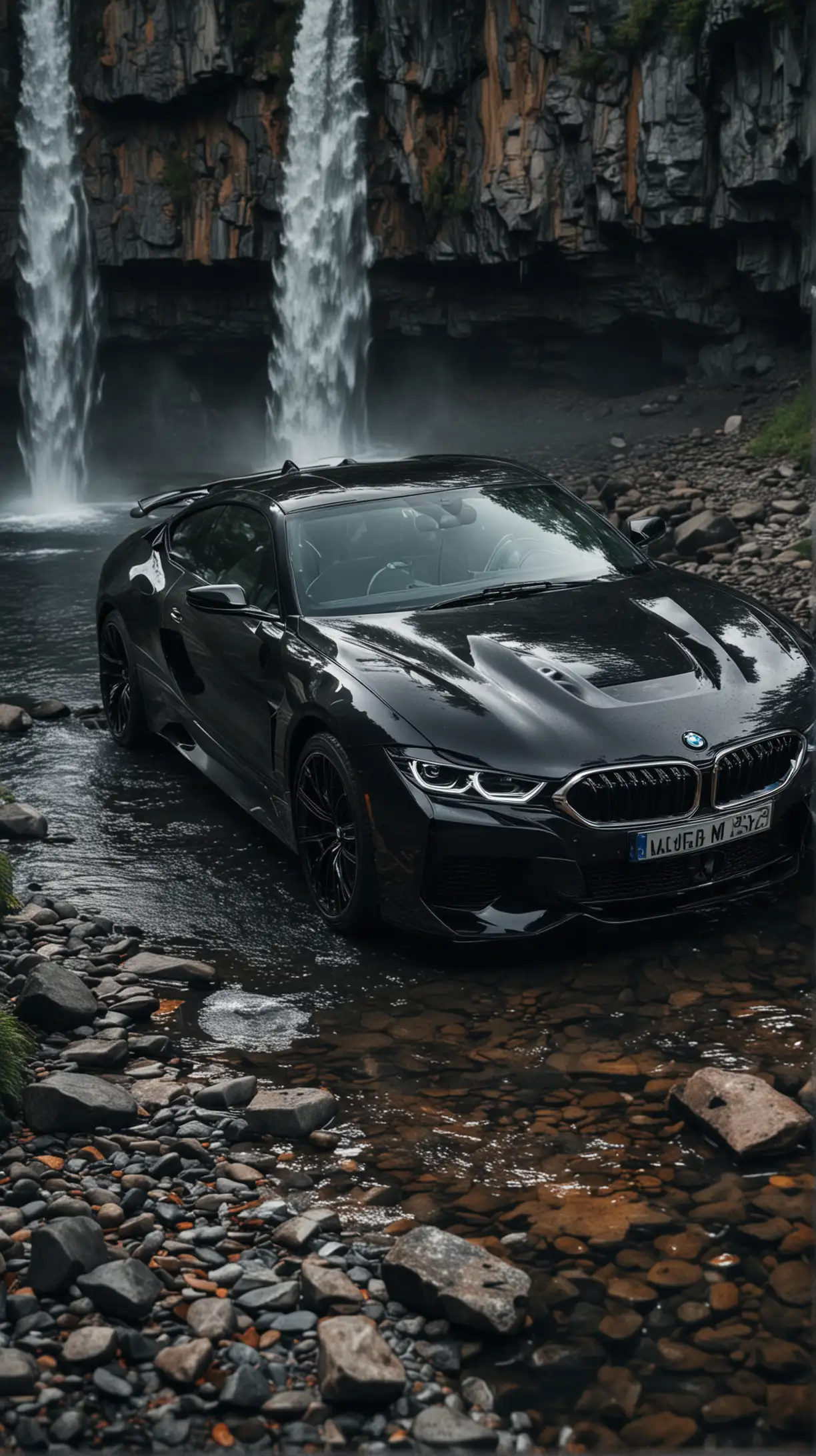 Супер спорткар марки БМВ чёрного цвета с включенными фарами, на заднем плане красивый водопад