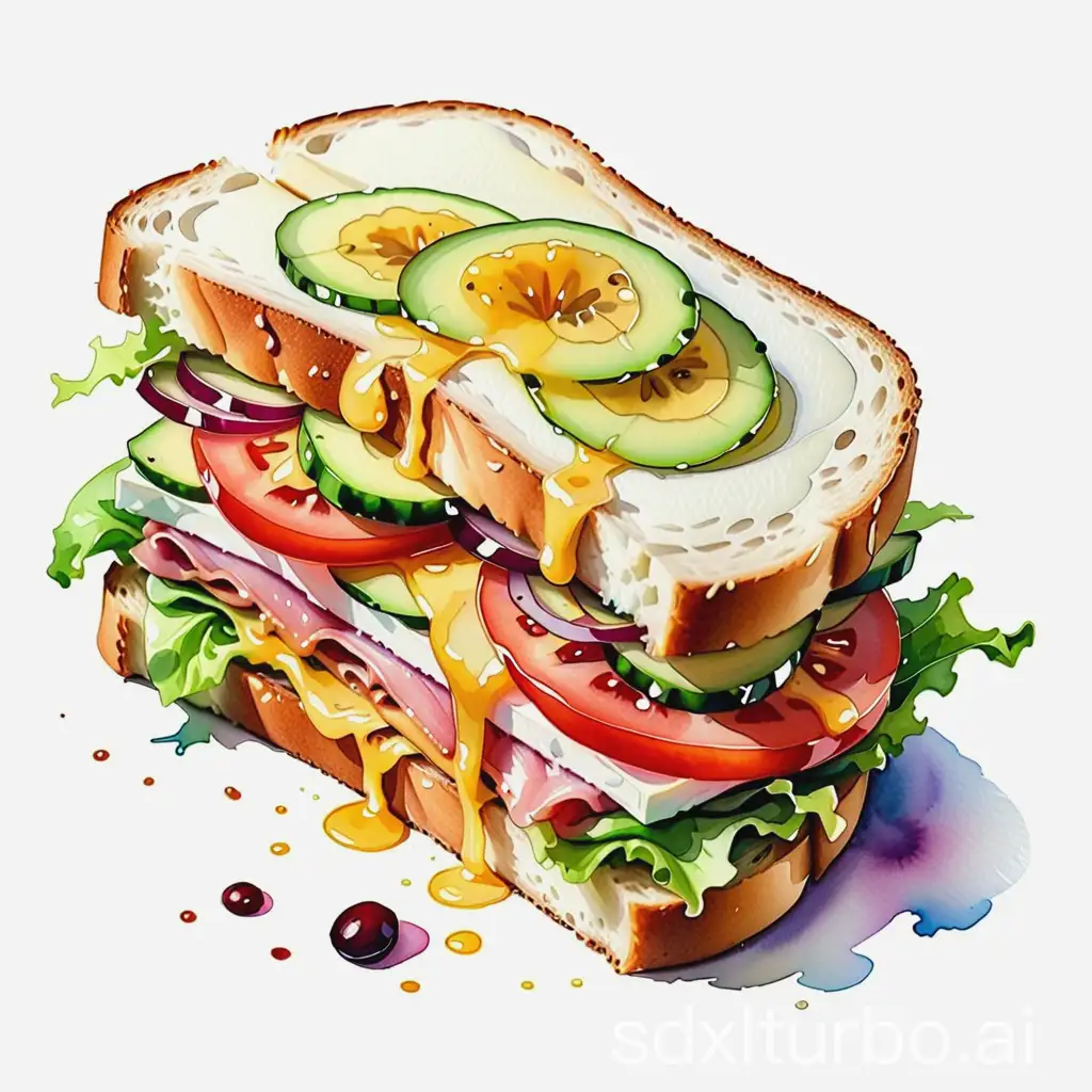 一份切开的三明治，水彩画，高清，白色背景
