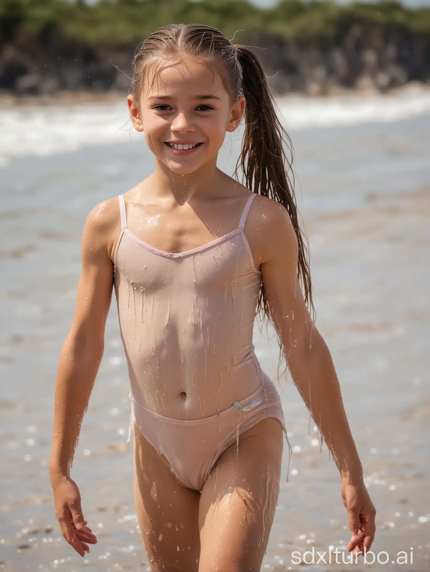 8 year old ballet dancer girl, long hair in a ponytail, extremely muscular, topless, smiling, at the beach, wet