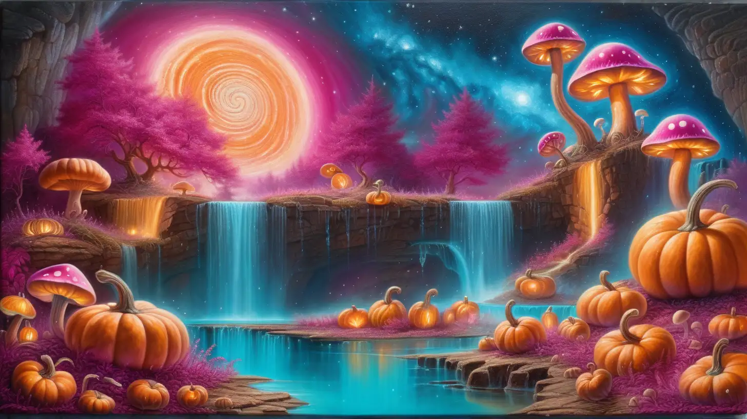 textured oil painting of florescent fairytale pumpkins and mushrooms of Orange and Pink and golden-magenta in golden dust and a magical turquoise glowing lake and waterfall of luminescent  magenta flowers, giant magenta-fire planet in the sky among galaxies.