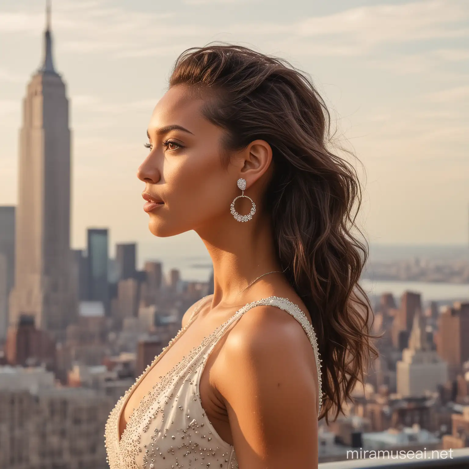 A real women model mixed race, professional photoshoot modelling small earrings, using a sexy  dress with cream colors, profile photoshoot looking the horizont, with newyork at background