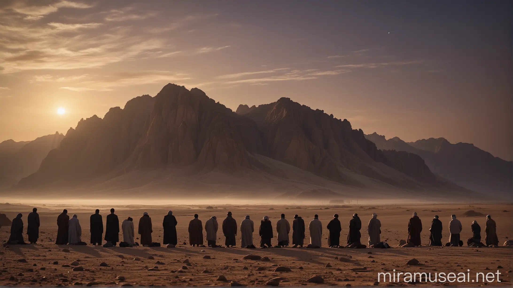 Scene Description: An ancient, dramatic desert landscape at dusk with a single, towering mountain in the background. At the base of the mountain, a group of people are shown bowing in prayer, signifying submission to Allah. In contrast, one lone figure stands defiantly, facing away from the group, symbolizing the act of challenging Allah.
Key Elements: Desert, mountain, dusk sky, group in prayer, lone defiant figure.
Mood/Theme: Contrast between submission and defiance, spiritual gravity, and consequences.