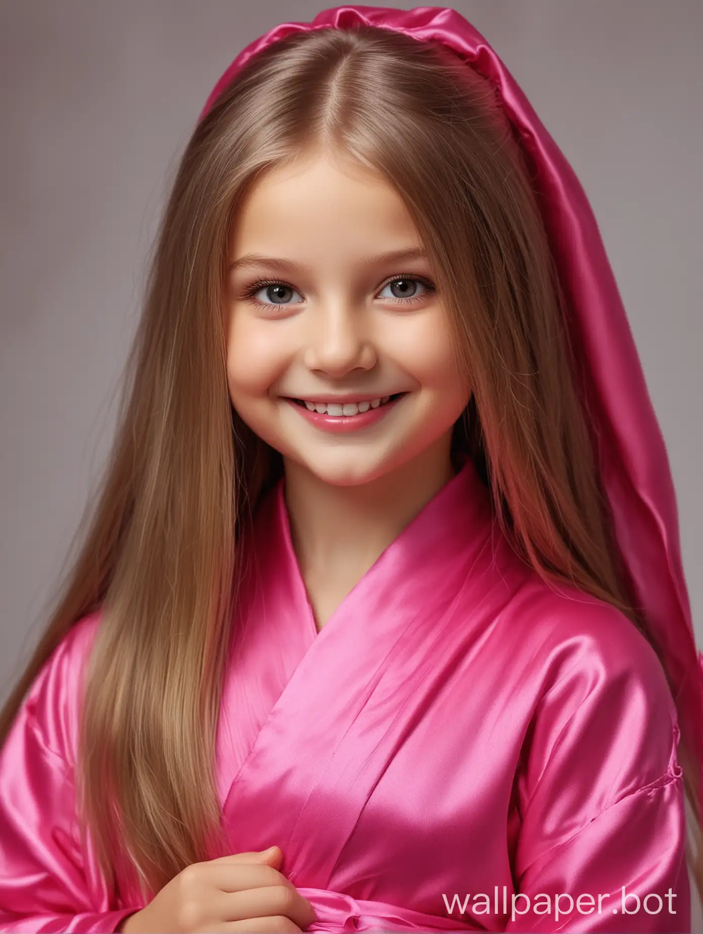 Realistic cutie little sister Alenushka smiles with long straight silky hair in a silk robe of fuchsia color