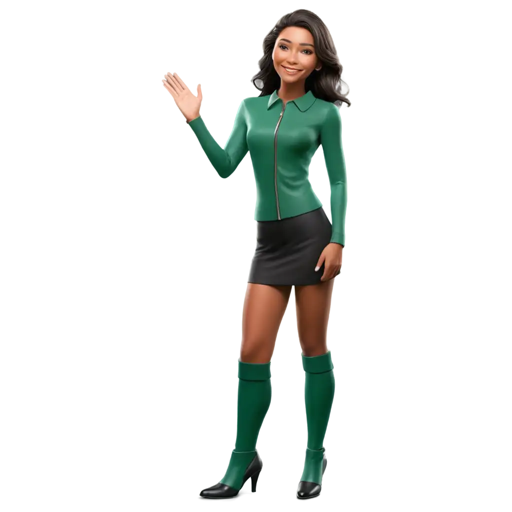 a 3d realistic woman smiling and wearing a professional black-green outfit with black boot shoes standing while extending one hand out