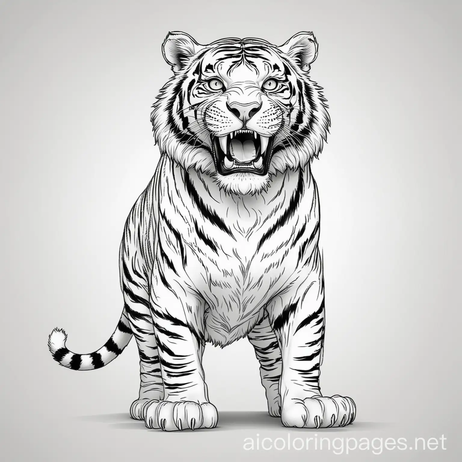 full body of a big big scary tiger who is ready to attack an animal with open mouth. in cartoon syle Coloring Page, black and white, line art, white background, Simplicity, Ample White Space. The background of the coloring page is plain white to make it easy for young children to color within the lines. The outlines of all the subjects are easy to distinguish, making it simple for kids to color without too much difficulty, Coloring Page, black and white, line art, white background, Simplicity, Ample White Space. The background of the coloring page is plain white to make it easy for young children to color within the lines. The outlines of all the subjects are easy to distinguish, making it simple for kids to color without too much difficulty, Coloring Page, black and white, line art, white background, Simplicity, Ample White Space. The background of the coloring page is plain white to make it easy for young children to color within the lines. The outlines of all the subjects are easy to distinguish, making it simple for kids to color without too much difficulty