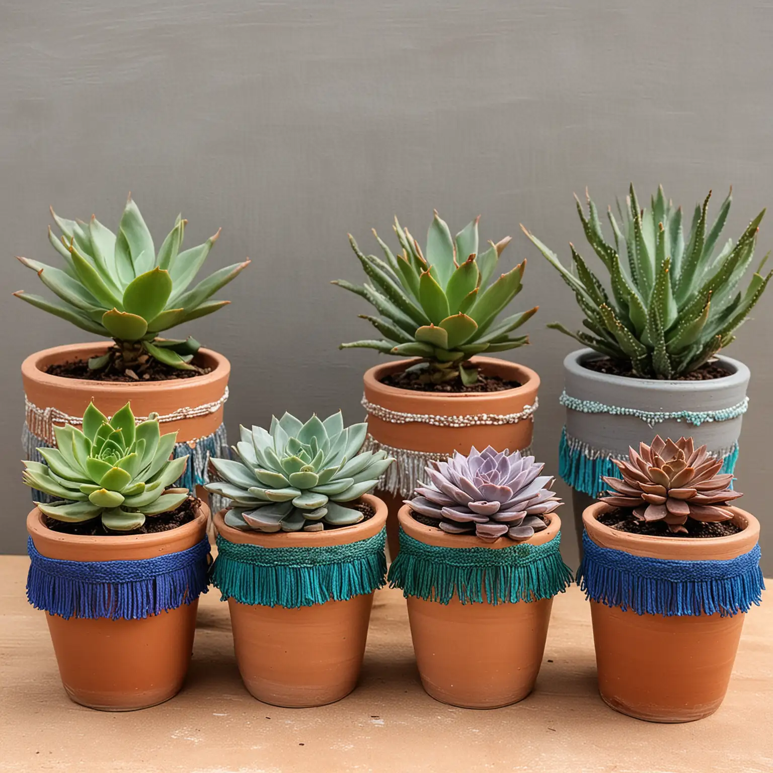 a collection of boho centerpieces in small terra cotta planters that have been painted gem tones like sapphire blue, emerald green and deep purple, wrapped in fringe holding a single succulent in various colors, each with a single feather stuck in the terra cotta pot