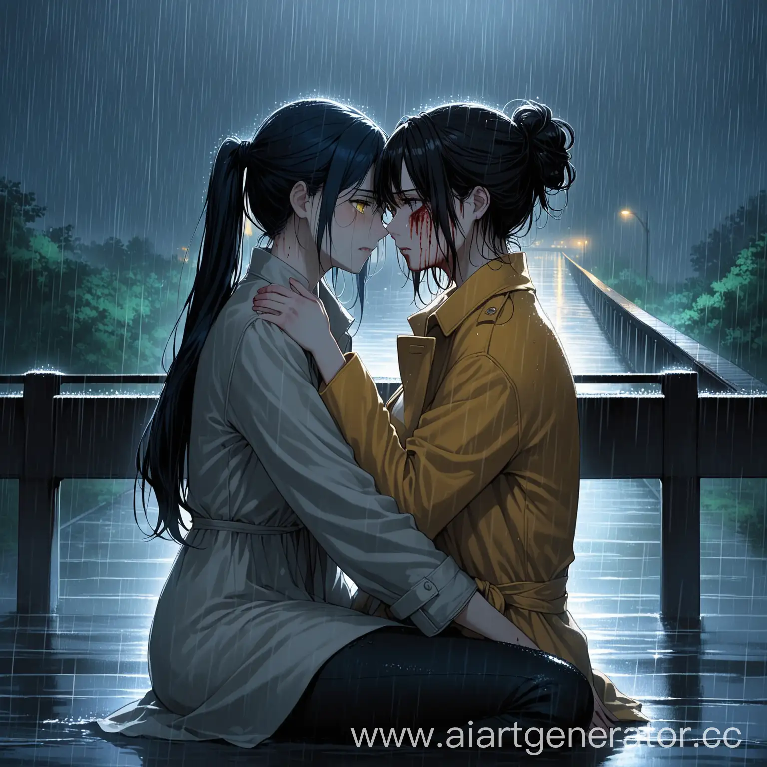 Two-Girls-Under-Bridge-in-Night-Rain-with-Emotional-Scene