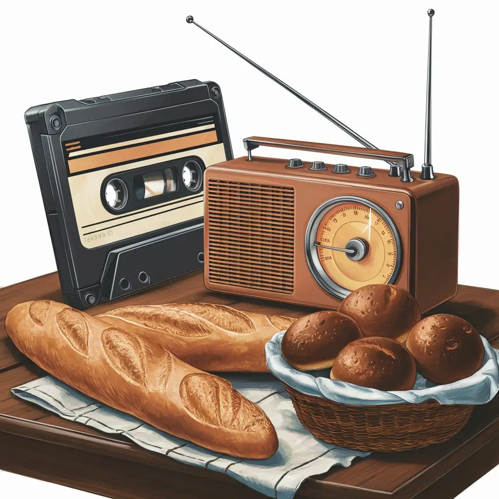 Generate an illustrated image of a retro cassette, a retro radio with antennas on a table with baguette and steamed brown buns on the table as well. 
